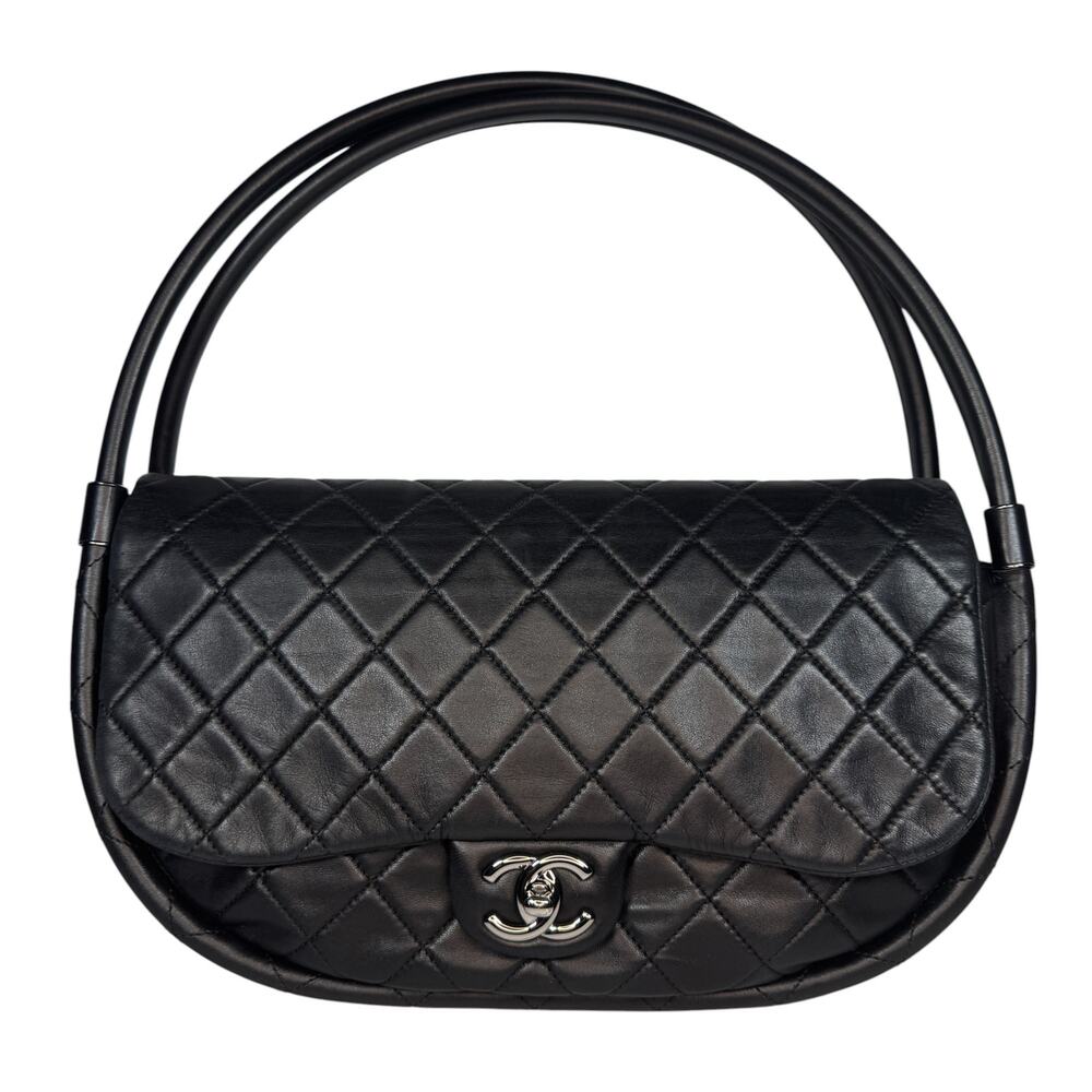 Chanel Medium Hula Hoop Bag Vintage CC Black Lambskin Flap SHW Quilted Rare
